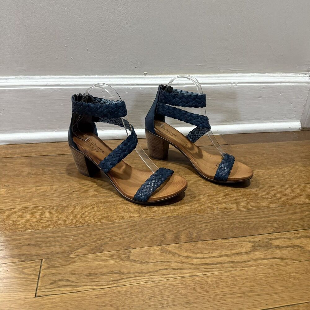 Sundance Bonaire Blue Italian Leather Woven Strappy Block Heel Sandal Size EU 38